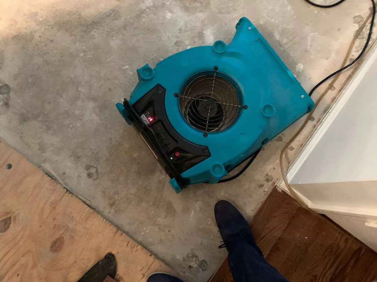 Air mover drying subfloor during Commercial Water Damage Restoration in Williamsport